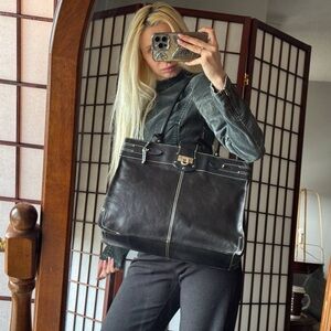 Rare Liz Claiborne Black Leather Tote with Gold-Tone Lock